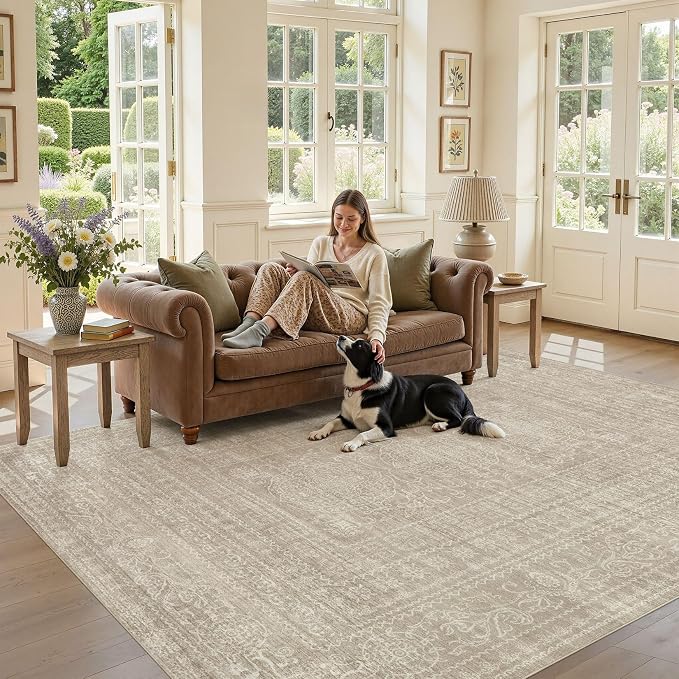 Nakagishi 5X8 Area Rugs Living Room: Washable Large Vintage Rug Neutral Non-Slip Soft Stain Resistant Indoor Carpet for Bedroom Nursery Dining Room Office Playroom - Brown