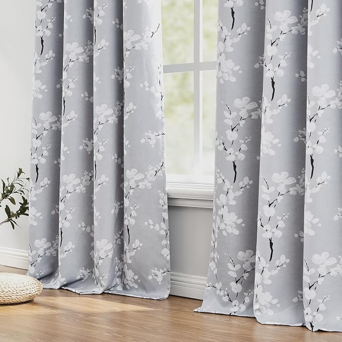 FMFUNCTEX 100% Blackout Grey Floral Curtains, Rod Pocket 18 Inch 1 Panel | Black Out Drapes, Thermal Insulated, Blossom Patterned Short Panel for Kitchen Curtains, Cafe, Bathroom, Door Glass