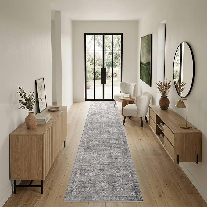 Rugxara 2x10 Washable Runner Rug for Hallway Kitchen Entryway, Taupe/Grey | Non Slip, Runner Rug for Bedroom Laundry Room Bathroom, Stain Resistant, Soft, Low Pile, Vintage Boho Retro Carpet