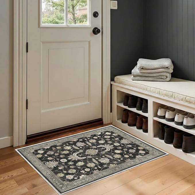 2x3 Rug for Entryway Hallway-Vintage Farmhouse Boho Floral Neutral Washable Stain Resistant Indoor Rugs for Home Decor(Black&Gold)