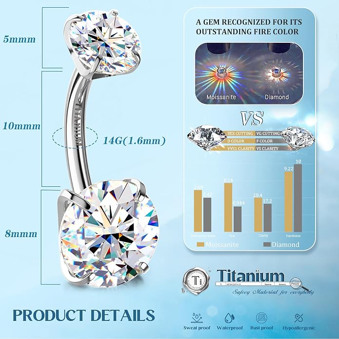 GEMQUEEN Moissanite ＆ G23 TItanium Belly Button Ring 18K Gold Plated Hypoallergenic Internally Threaded Belly Rings 14G Navel Piercing Jewelry For Women Men D Color VVS1 Clarity Brilliant Cut