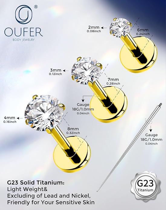 OUFER 18G 6/7/8MM Flat Back Cartilage EarRings-3PCS Gold Titanium Extended Internally Threaded Lip Piercing 2/3/4MM Round Clear CZ Helix Piercing Jewelry