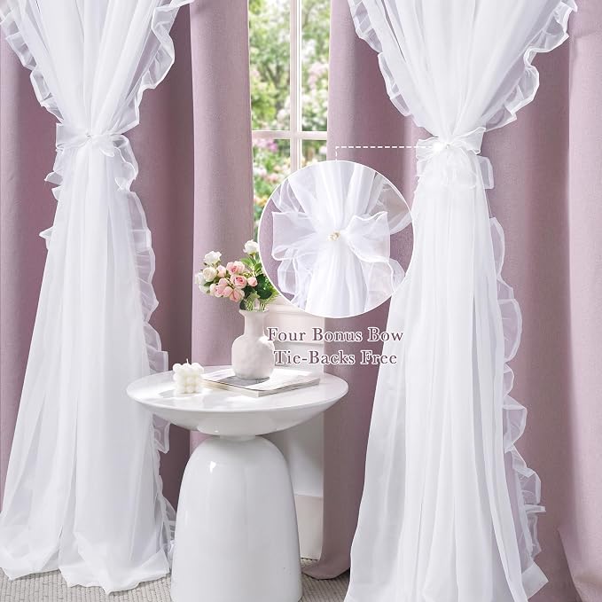 PONY DANCE 100% Blackout Curtains for Girl's Bedroom, Double Layer Grommet Curtain 84 inch Long with Sheer Overlay for Living Room, Nursery Kids Toddler Room Decor, Dusty Rose, 52" W x 84" L, 2 Panels