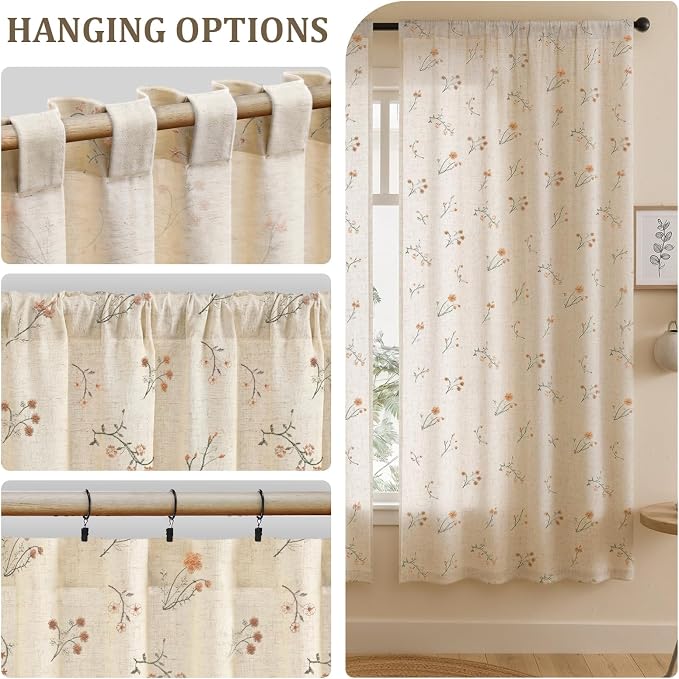 Floral Embroidered Linen Blend Curtains for Bedroom, 72 Inch Light Filtering Spring Farmhouse Vintage Drapes Beige Flower Window Treatments for Living Room Rod Pocket, Set of 2 Panels