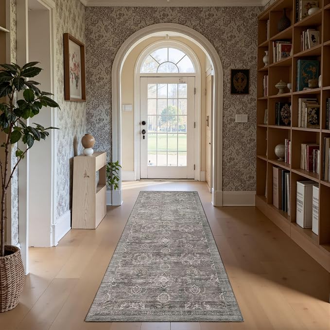Rugxara 2x6 Washable Runner Rug for Hallway Kitchen Entryway, Taupe/Grey | Non Slip, Runner Rug for Bedroom Laundry Room Bathroom, Stain Resistant, Soft, Low Pile, Vintage Boho Retro Carpet