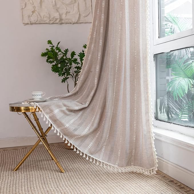 Linen Embroidery Striped Farmhouse Curtains for Living Room and Bedroom - Light Filtering Tassel Boho Drapes 2 Panels Set - Rod Pocket (52" W x 96" L, Khaki)