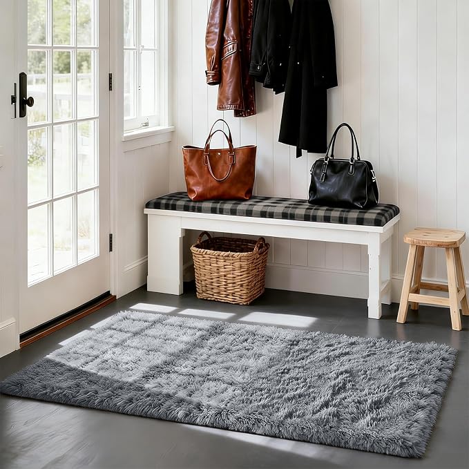 Soft Runner Rugs for Bedroom, Grey 2x6 Area Rugs Fluffy Rug Shag Area Rug Carpet, Bedside Rug for Living Room Bedroom Room Home Decor