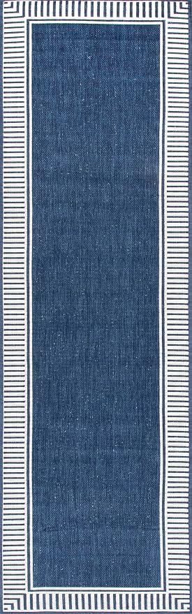 Nuloom Asha Navy/Ivory, 2' x 6', Casual, Striped Border, Soft and Cozy, High Traffic, Easy Clean, Durable Runner for Indoor/Outdoor Patio, Deck, Porch, Garden, Courtyard