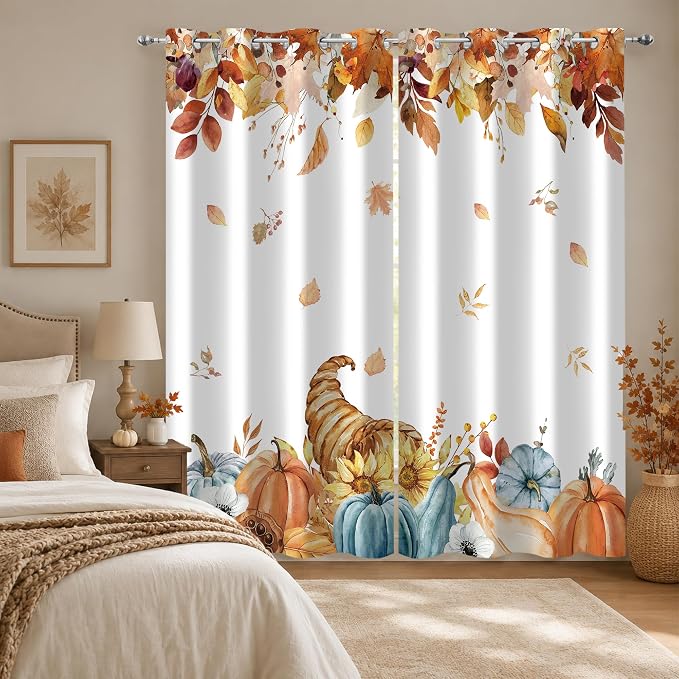 Harvest Pumpkin Window Curtains 52 x 63 in, Watercolor Fall Drapes with Cornucopia, Autumn Leaves and Blue Pumpkin Farmhouse Decor for Bedroom Living Room