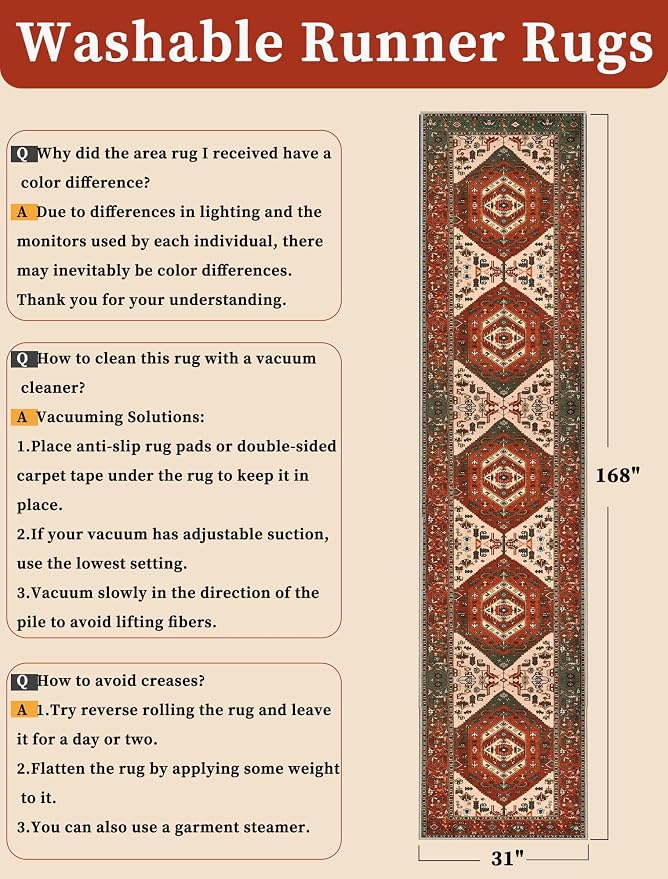 SERISSA Runner Rug for Hallways, 2'6"x14' Washable Non Slip Runner Rug, Extra Long Boho Rug Ultra Soft Vintage Terracotta Green Print Floor Carpet for Bedroom Hallway Entryway Laundry Room