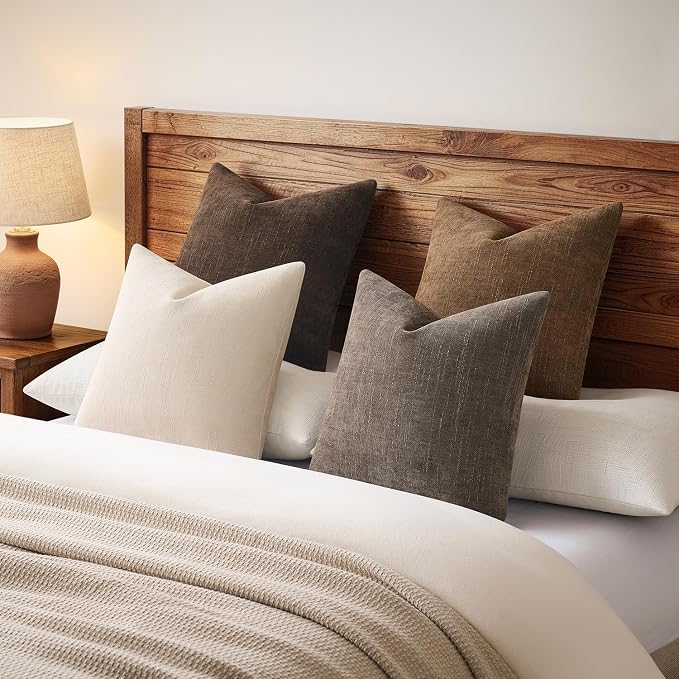 Pack of 4 Throw Pillow Covers 18x18 Inch Chenille Textured Neutral Brown Soft Pillow Covers Solid Decorative Farmhouse Cushion Covers Home Boho Western Decor for Couch Sofa Bed Living Room
