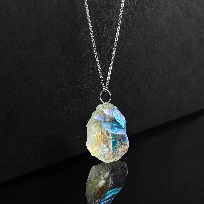 Natural Angel Aura Quartz Crystals Pendant Necklace, Cabochon Gemstone, Energy Healing Crystals, Birthday, Gift for Her, Gemstone Jewelry 18 inch AAA+ Quality