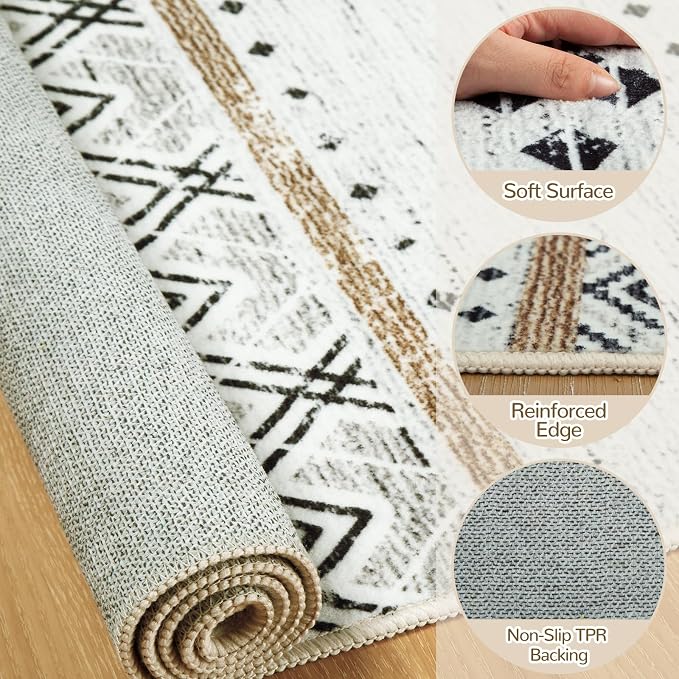 BESTSWEETIE 9x12 Area Rugs for Living Room Washable Moroccan Farmhouse Neutral Geometric Low Pile Non-Slip Soft Print Pattern Rug for Bedroom Kitchen Dining Room Entryway Black/Brown