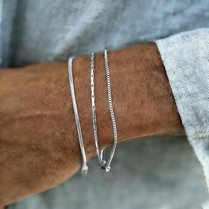 Mens Bracelet - Dainty Gold/Silver Chain Bracelet Stack 14K Gold Plated Silver Bracelets for Men Stainless Steel Adjustable Cross Charm Cuban Link Bracelet Snake Jewelry Set to Men Dad Birthday Day