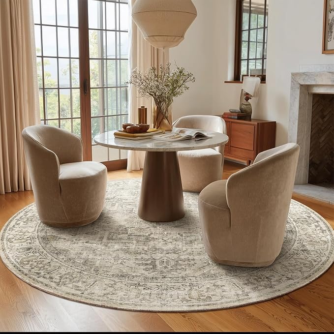 6ft Washable Round Rugs for Bedroom: Circle Living Room Rug Vintage Non Slip Low Pile Soft Faux Wool Non Shedding Boho Circular Rug for Entryway Kitchen Bathroom Office College Dorm Nursery Indoor
