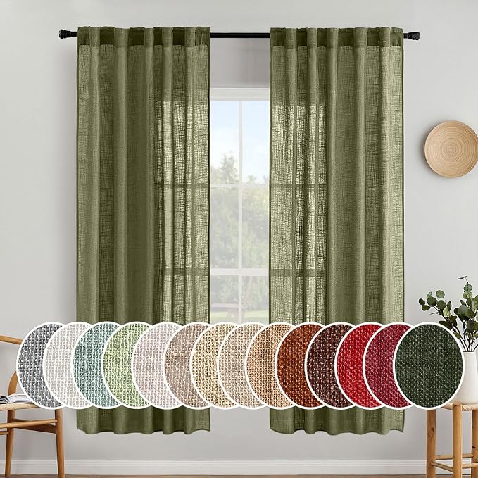 MIULEE Light Olive Green Linen Curtains 72 Inch Length 2 Panels for Bedroom Living Room, Soft Linen Textured Natural Window Drapes Semi Sheer Light Filtering Back Tab Rod Pocket Burlap Look Decor