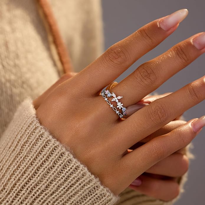 LOVECOM 925 Sterling Silver Butterfly Daisy Flower Rings for Women Mothers Self Love Ring for Myself Adjustable Gold Layered Colorful Opal Cubic Zirconia Stackable Ring Jewelry Gifts to Daughter