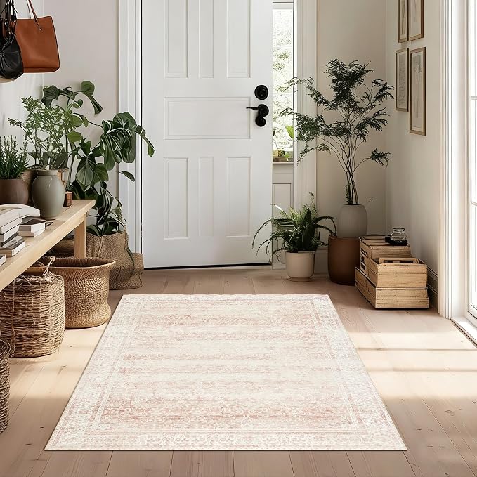 BILEEHOME Vintage Pink Rug 3x5 Washable Non Slip Floral Aesthetic Indoor Rugs for Entryway Kitchen Low Pile Carpet for Laundry Room Bathroom Front Door Mat for Entrance 3 x 5
