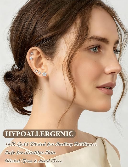 LOYALLOOK Stud Earrings for Women Hypoallergenic, 14K Gold Plated Surgical Steel Earrings for Sensitive Ears Women Dainty Small Heart Flower Bow Earrings for Jewelry Gift