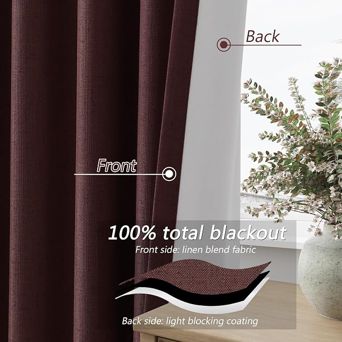 Guken 100% Blackout Curtains 96 Inch Length 2 Panels Set for Living Room Bedroom Back Tab Thermal Insulated Black Out Linen Drapes Room Darkening Reddish Brown,52x96