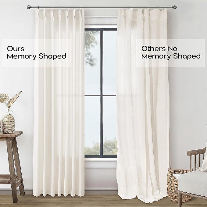 Cream Pinch Pleated 90 Inch Curtains Semi Sheer Light Filtering | Ivory, Flax Linen, Pinch Pleat Drapes, for Living Room Bedroom Dining Office, Curtain 90 Inches Long, Boho Farmhouse, 1 Panel