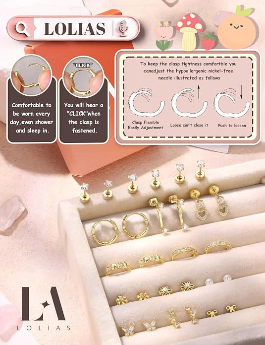 LOLIAS Hypoallergenic Flat Back Earrings for Women Girls-Surgical Stainless Steel Earrings for Sensitive Ears-Cute Flatback Stud Earring Set Small Hoops Cartilage Earring Stacks