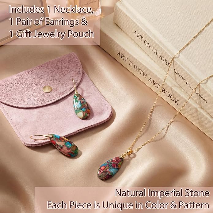 Kingdder Natural Stone Jewelry Set for Women Imperial Healing Stone Necklace Colorful Teardrop Dangle Earings Boho Jewelry