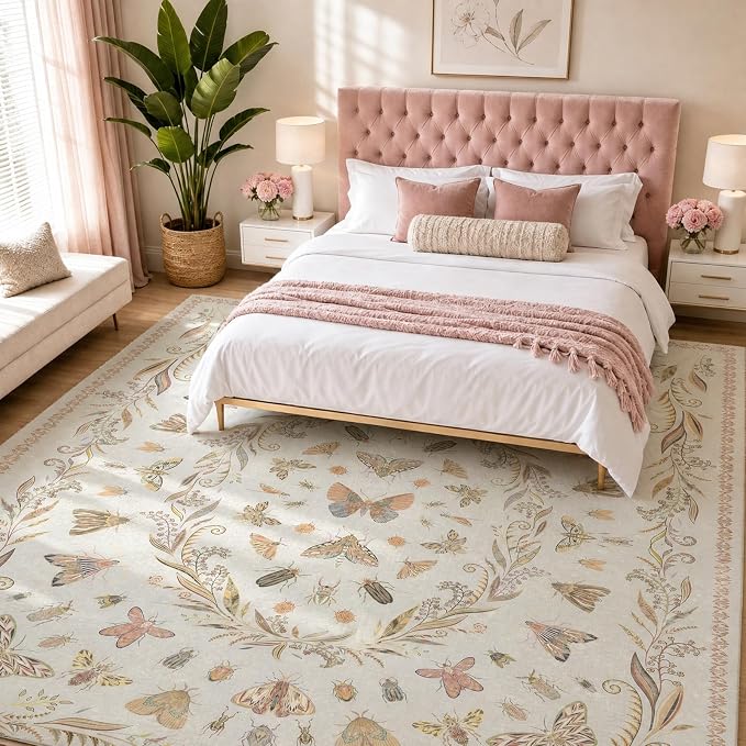 Lunasun Beige Pink Rugs for Bedroom Under Bed - 6x9 Area Rug for Living Room, Dining Room, Kids Playroom, Fun Insect Cute Décor,Ultra Soft Non Slip Stain Resistant