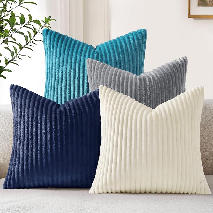decorUhome Flannel Neutral Teal Throw Pillow Covers 20X20 Set of 4 | Decorative Fall Soft Fluffy Striped Double-Sided Couch Pillow Covers, Modern Farmhouse Pillow Cases for Sofa bed Home Decor