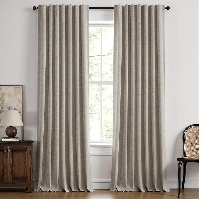 MIULEE 100% Blackout Linen Curtains 42 x 108 Inch Greige 2 Panels | Thermal Insulated, Room Darkening Drapes for Bedroom Living Room, Back Tab Rod Pocket Pinch Pleated, Solid Luxury Decor