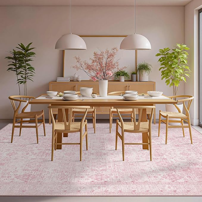 Rugxara Pink 8x10 Area Rugs for Living Room Bedroom Large Washable Rug | Non Slip, Rug for Dining Girls Room Office, Stain Resistant, Soft, Low Pile, Vintage Boho Retro Carpet, Washable,Home Decor
