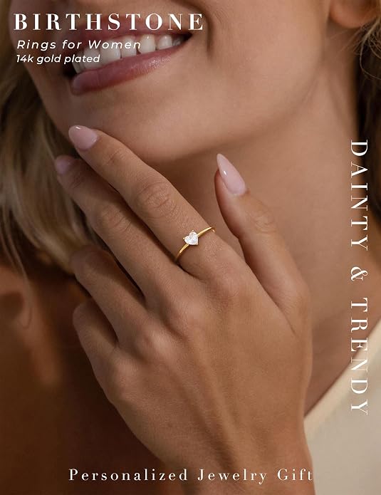 WFYOU Gold Heart Birthstone Rings for Women 14K Gold Plated Non Tarnish Stackable Pinky Cubic Zirconia Rings Emerald Dainty Gemstone Thumb Ring Band Cute Jewelry Birthday Gift Size 5-10