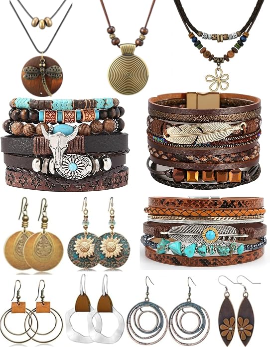 Tondiamo 12Pcs Boho Jewelry Set for Women Bohemian Western Jewelry Set with Long Pendant Necklace Dangle Earrings and Stackable Bangle Bracelets Accessories for Women Friendship Gift
