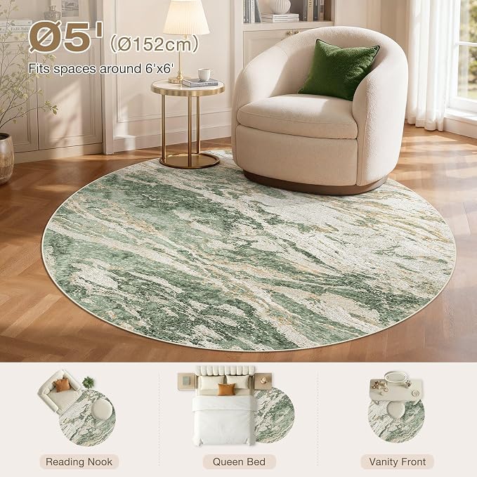 Area Rugs for Living Room: 5ft Round Abstract Washable Rug Modern Neutral Large Soft Stain Resistant Non-Slip for Bedroom Dining Room Indoor Home Office Carpet - Green Brown