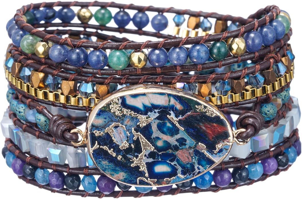 Plumiss Women Boho Handmade Natural Stone Crystal Leather Bead Wrap Bracelets Collection
