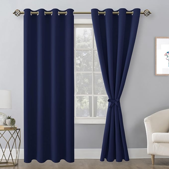 Hiasan Blackout Curtains for Bedroom, 52 x 96 Inches Long - Thermal Insulated & Light Blocking Window Curtains for Living Room, 2 Drape Panels Sewn with Tiebacks, Navy Blue