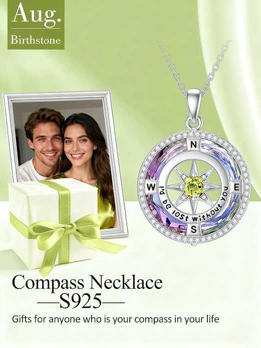 TOUPOP Necklace Gifts for Wife Compass Jewelry Women Anniversary Girlfriend Birthday Gift for Her Valentines I'd be Lost without You Sterling Silver Birthstone Necklaces