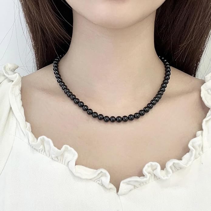 Kakikaki Natural Agate Choker Necklace Sterling Silver Round Beads Strand Necklace for Women