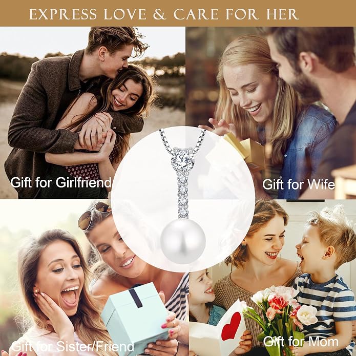 Pearl Necklace for Women, 925 Sterling Silver Dainty Round Freshwater Pearl with 5A Zircon Pendant Ideal Birthstone Jewelry Gifts for Her