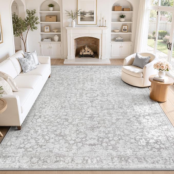 9x12 Area Rug for Living Room: Boho Vintage Washable Rug Non-Slip Soft Stain Repellent Area Rugs Indoor Low-Pile Large Carpet for Bedroom Office Dining Room Playroom Farmhouse (Grey, 9'x12')