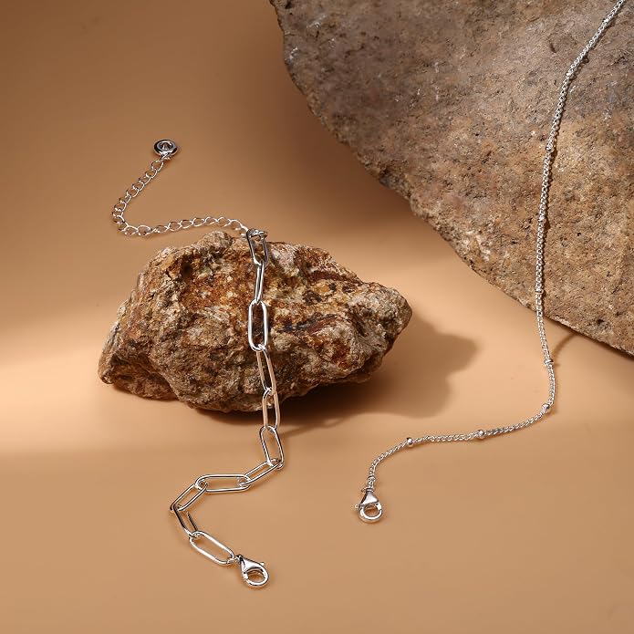 MILACOLATO 925 Sterling Silver Clasp Paperclip Chain Bracelets 14K White Gold Plated Solid Diamond-Cut Paperclip Chain Women Bracelet Adjustable Layered Satellite Beads Bracelets for Women