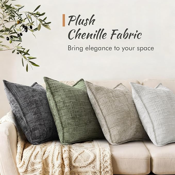 decorUhome Chenille Decorative Throw Pillow Covers 12x20 Set of 2,Olive | Soft Texture, Slubby Modern Design, Flange Edges, Cozy Lumbar Accent Pillow Covers for Couch, Sofa, Bed, Living Room
