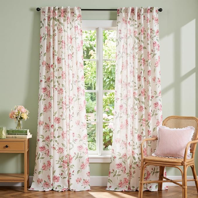 jinchan Pink Floral Linen Curtains 96 Inch Cottagecore Back Tab 2 Panels | Light filtering drapes, semi sheer, farmhouse, watercolor, romantic, living room, bedroom, rod pocket, window treatment