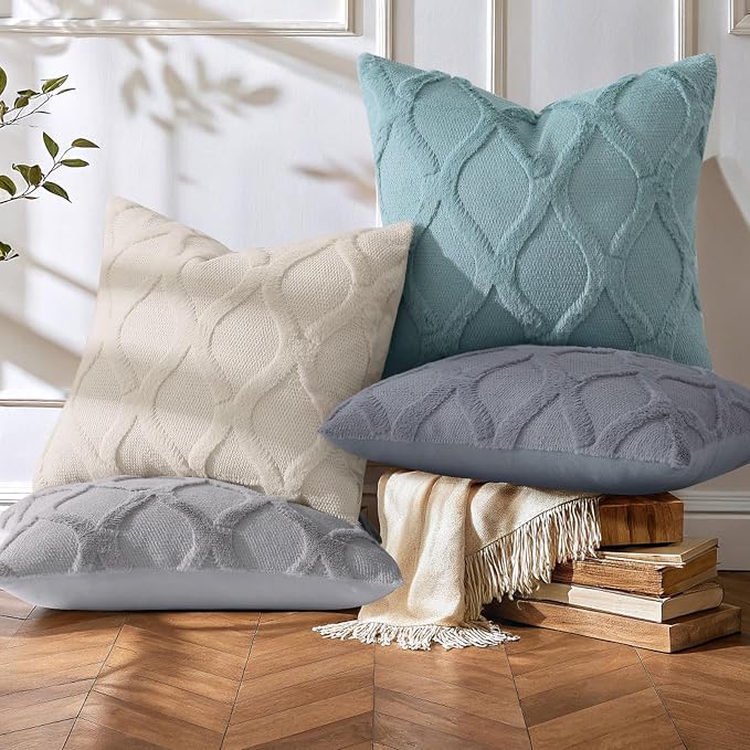 decorUhome Set of 4 Faux Fur Throw Pillow Covers 20x20(Beige/Grey) | Neutral Decorative Soft Plush Couch Pillow Covers, Farmhouse Pillow Cases for Living Room Bed Sofa