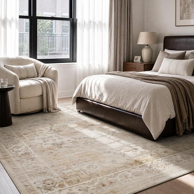 AMOAMI-Area Rug 6X9 Rugs for Living Room-Vintage Soft Beige Rugs for Bedroom-Non Slip Carpet-Machine Washable Rug for Dining Room Living Room Bedroom Office Under Table
