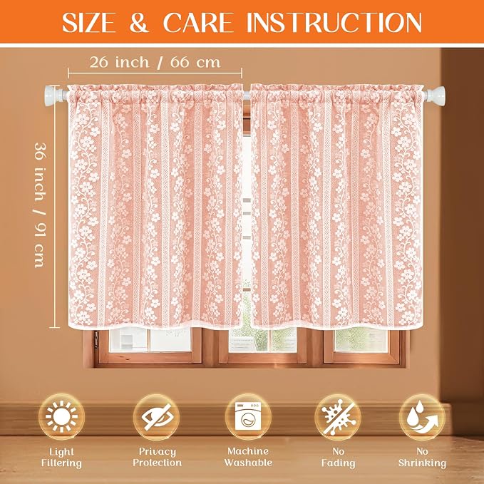 ASPMIZ Linen Kitchen Curtains Double Layers Window Curtain with Linen Lace, Farmhouse Cafe Curtain 36 Inch Length Rod Pocket, Light Filtering Bathroom Tier Curtains with 2 Tiebacks, Orange
