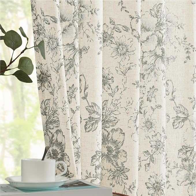 jinchan Gray Floral Linen Curtains Lined 63 Inch Vintage Back Tab 2 Panels | Privacy lining, light filtering drapes, vintage, cottagecore, french country, rustic, bedroom, living room, window treatment