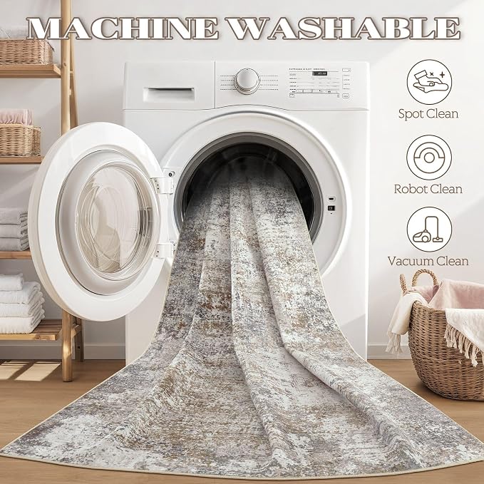 DMOYEST Area Rug Living Room Rugs - 5x7 Abstract Large Soft Indoor Washable Rug Neutral Modern Low Pile Carpet for Bedroom Dining Room Farmhouse Home Office - Brown/Grey/Black