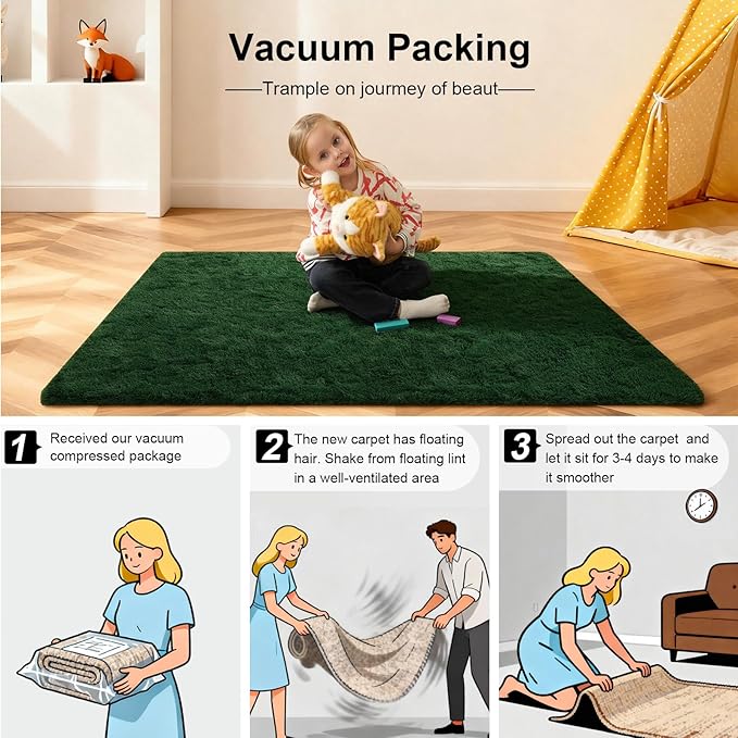 Dark Green Rugs for Bedroom, 4x6 Fluffy Area Rugs for Living Room, Small Fuzzy Shag Soft Non-Slip Carpet for Kids Girls and Boys Nursery Dorm Indoor Room Home Decor (4ft X 6ft, Dark Green)