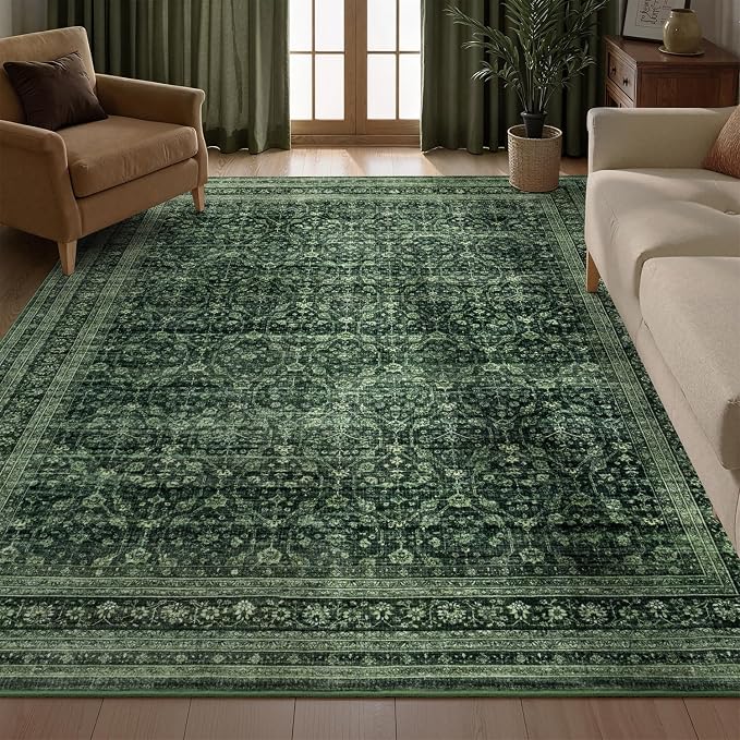 5x7 Area Rugs for Living Room Bedroom, Washable Large Rugs Non-Slip | Vintage Distressed Retro; Low Pile; Stain Resistant; Neutral Boho Carpet for Dining Room, Nursery, Home Office; Moss Green